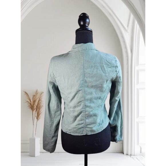 Chocolate USA Sage Green Linen Blazer Juniors Size Medium Zip Pockets Hook Close - Picture 2 of 11